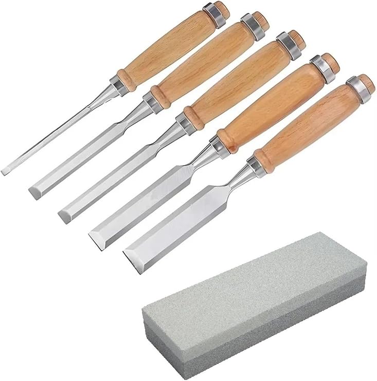 Depolife Wooden Chisel Set 5-Piece Chisel Carving Set and Scythe Stone Set for Knife Mouth Sharpening