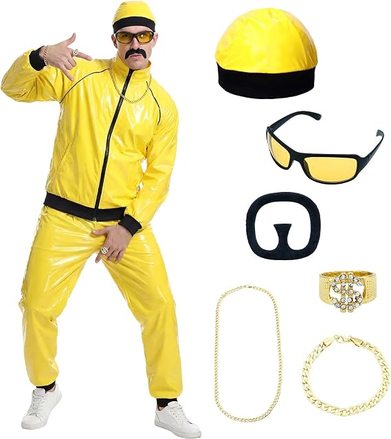 Amycute 90s Rapper Celebrity Costume for Adults, Men’s 80s 90s Fancy Dress Costume with Accessories Kit, Ali-g Costume Adults Funny Rapper Halloween Stag Do Fancy Dress Outfits