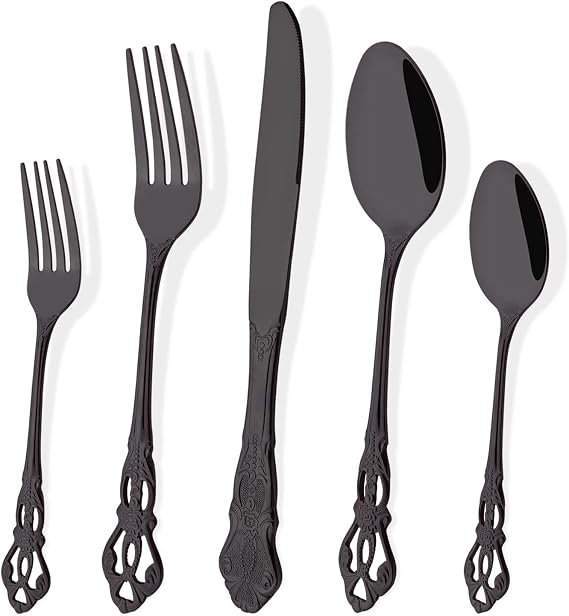 Black Flatware Set For 4, 20 Pieces 18/0 Stainless Steel Silverware Set, Cutlery Utensils Set Include Knives/Forks/Spoons, Antique Baroque Style & Luxury Mirror Polished