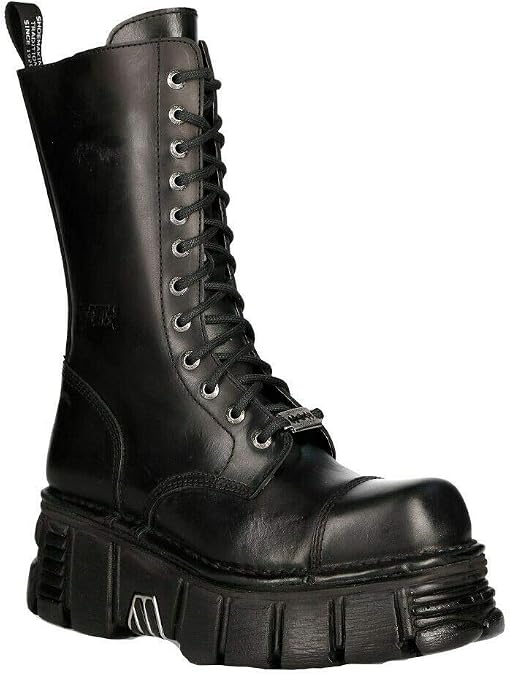 New Rock Boots M-MILI211C-C1 Men's Military Metallic Black Lace Up 100% Leather Techno Biker
