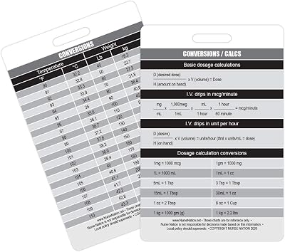 Healthcare Conversions, Weight Conversions, Temperature Conversions, and Common IV Drug calculations Vertical Badge Card - Excellent Resource for Nurses, Nursing Clinicals, and RN Students