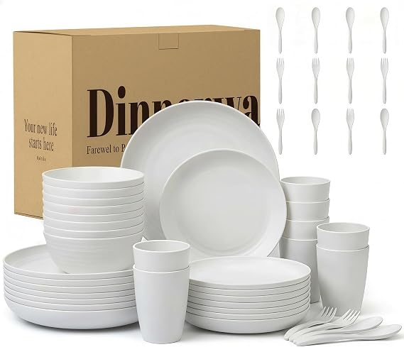 Wrova Reusable Plates and Bowls Set 48-Piece Plastic Dinner Cutlery Set