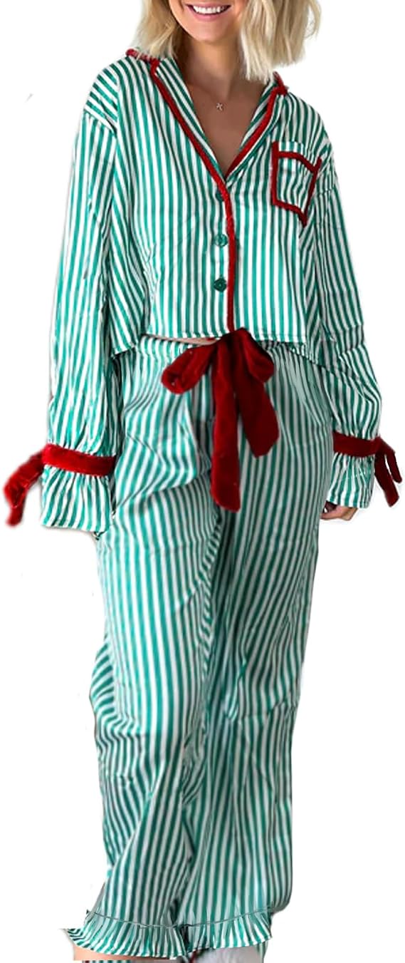SOOKABEILA Women Christmas 2 Piece Pajamas Set Y2k Bow Tie Long Sleeve Shirt Wide Leg Pants Cute Print Matching Pjs Sets