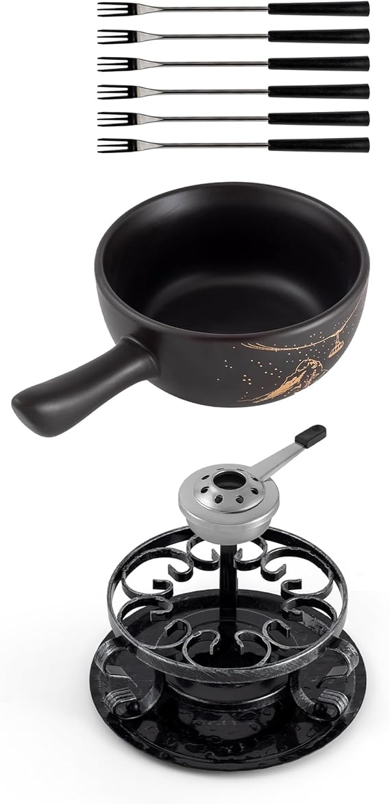 Swissmar Gruyere Cheese Fondue Set - 2.8 QT / 2.65 L - Ceramic Fondue Pot with Rechaud, Fondue Burner, 6 Forks - Ideal for Melting Cheese, Chocolate & Caramel - Black