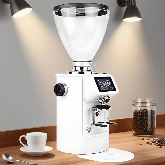 K83 Professional Espresso Coffee Grinder - 3.5 lb Large Capacity Hopper,90 mm Titanium Flat Burr Disc,Handle Rack Adjustable White