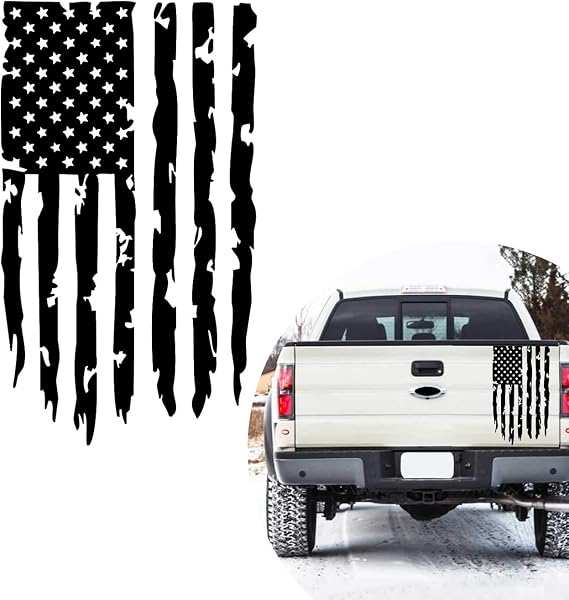 1 PC Car American Flag Distressed Sticker, 20.4" x 11.8" Personalized Decals Blowing in The Wind, Waterproof Sun-Proof Tailgate Decoration, Universal Self-Adhesive Sticker for Truck (Black #01)
