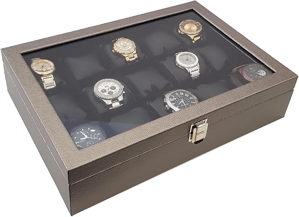 Chavin 15 li Diamond Gri Deri Ahşap Camlı Saat Kutusu st15-59