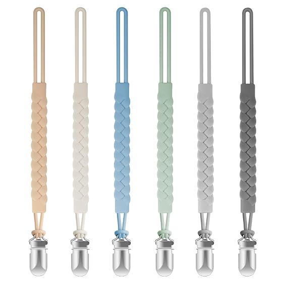 Silicone Pacifier Clips for Baby Boys and Girls, Woven Rope Flexible Design, Pacifier Holders for Teething Relief and Baby Essentials, Safe for Newborns (6 Pack)