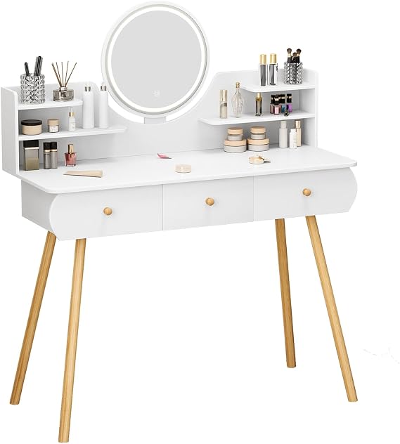 Makeup Vanity Desk with LED Lighted Mirror, Bedroom Dressing Table Makeup Table with Mirror and Lights Vanity Table with 4 Drawers and Opening Shelves, 3 Modes Brightness Adjustable White