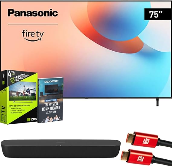 Panasonic TV-75W95AP 75" Mini LED 4K Ultra HD Fire TV 2024 Bundle with HTB200 Compact Soundbar, 4 YR CPS Enhanced Protection, 2X HDMI Cable & Deco Gear Complete Home Theater Beginner's Guidebook