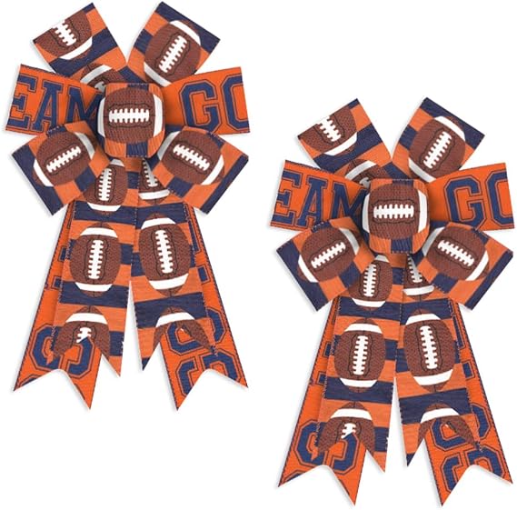 2PCS American Football Wreath Bows Football Bows for Wreath Go Team Words Orange American Football Burlap Decor Bows Sports Fabric Ribbon Bows for Football Indoor Outdoor Wreath Decoration Supplies