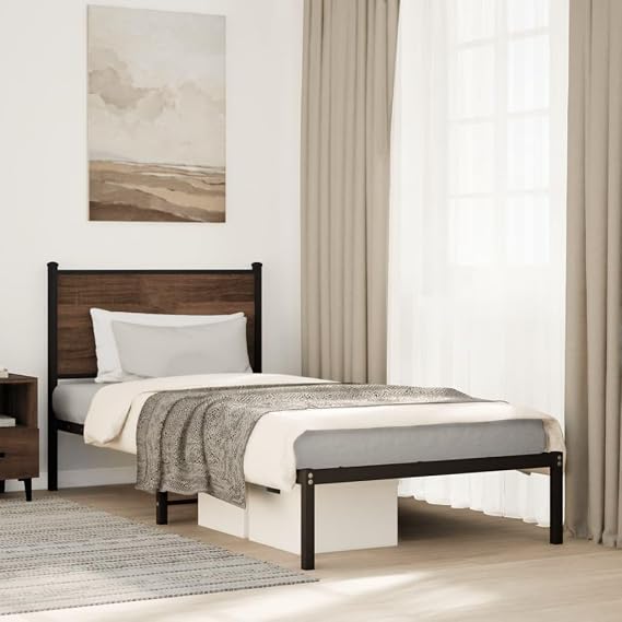 Single Bed Frame Brown Oak 80 x 200 cm Steel Slated Base with Headboard & Under-Bed Storage for Bedroom Guest Room and Teen Loft