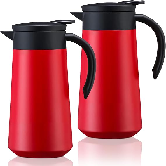 Ziliny 2 Pcs 27oz Thermal Coffee Carafe Stainless Steel Coffee Pot for Keeping Hot/cold Insulated Double Walled Vacuum Tea Pot with Press Button Drink Beverage Dispenser for Milk Tea(Red)