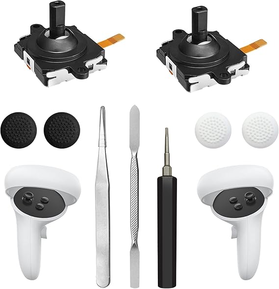Oculus Quest 2 Denetleyicisi için Joystick Yedek Kiti, Meta Quest 2 Denetleyicisi için Onarım Seti, 2 Joystick, T5 Tornavida, Cımbız, Gözetleme Aleti, 4 Parmak Çubuğu Tutacağı (Siyah-11 arada)