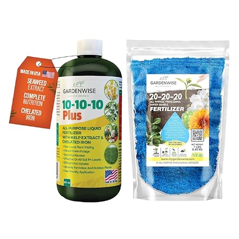 GARDENWISE 10-10-10 Fertilizer & 20-20-20 Water Soluble Fertilizer Bundle for All Purpose Plants - Liquid Fertilizer with Seaweed Kelp & Iron - Plant Food Outdoor & Indoor Plant Food, 8oz & 1/2 Quart