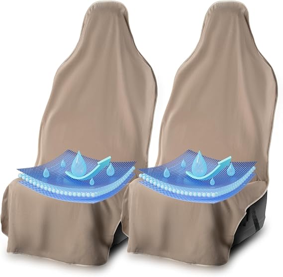 UltraSport Waterproof Car Seat Covers (2-Pack) + Seat Belt Covers (2-Pack) Sweat-Proof, Odor-Resistant, Universal Fit for Cloth or Leather Seats - Tan