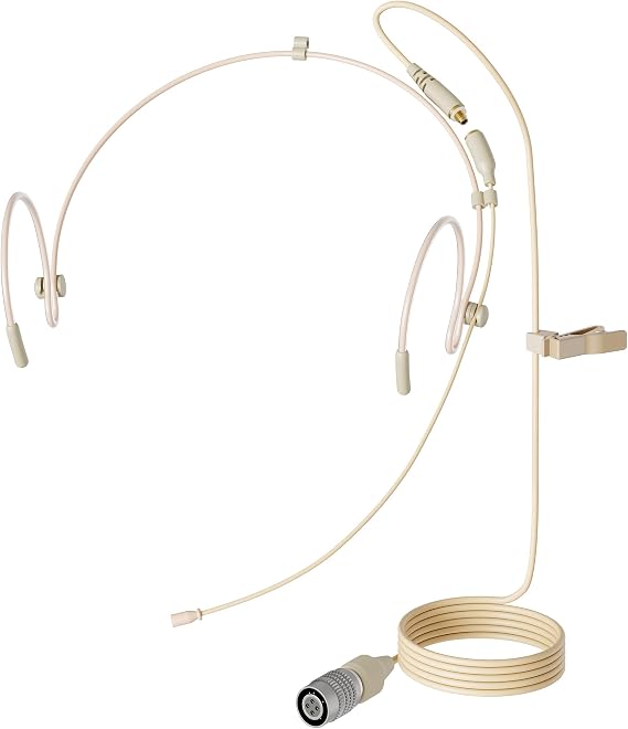 J K MIC-J 071S Headworn Microphone Compatible with Audio-Technica Bodypacks | Hirose 4-Pin Plug Detachable Cable, Beige Omni Condenser Headset Mic for Presentations Interviews Theater Worship Lectures