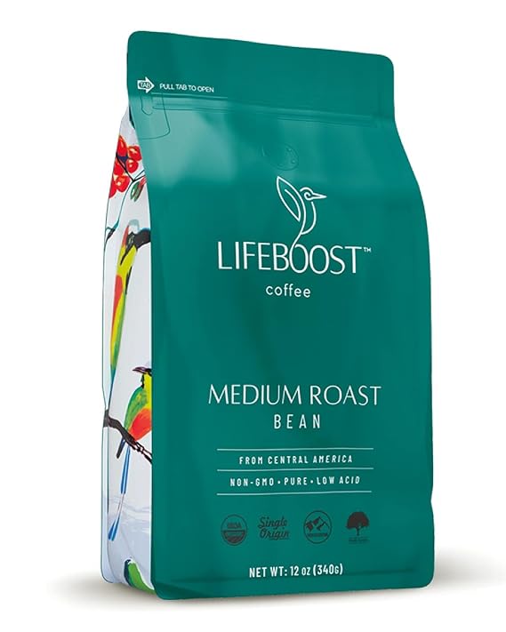 Lifeboost Medium Roast Low Acid Coffee Beans, Certified Organic, 12oz
