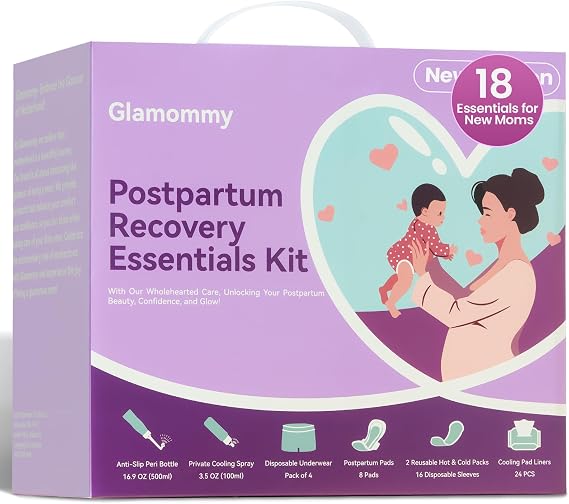 Glamommy Postpartum Recovery Essentials Kit, Labor & Delivery Care for Mom | Includes peri bottle, cooling spray, disposable underwear, postpartum pads, hot & cold packs, soothing liners for after birth