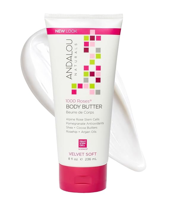 Andalou Naturals 1000 Roses Velvet Soft Body Butter | Rich Hydrating Moisturizing Cream for Nourishing Dry Skin | Shea Butter, Cocoa Butter, and Rose Stem Cells for Softening Skin | 8 fl oz