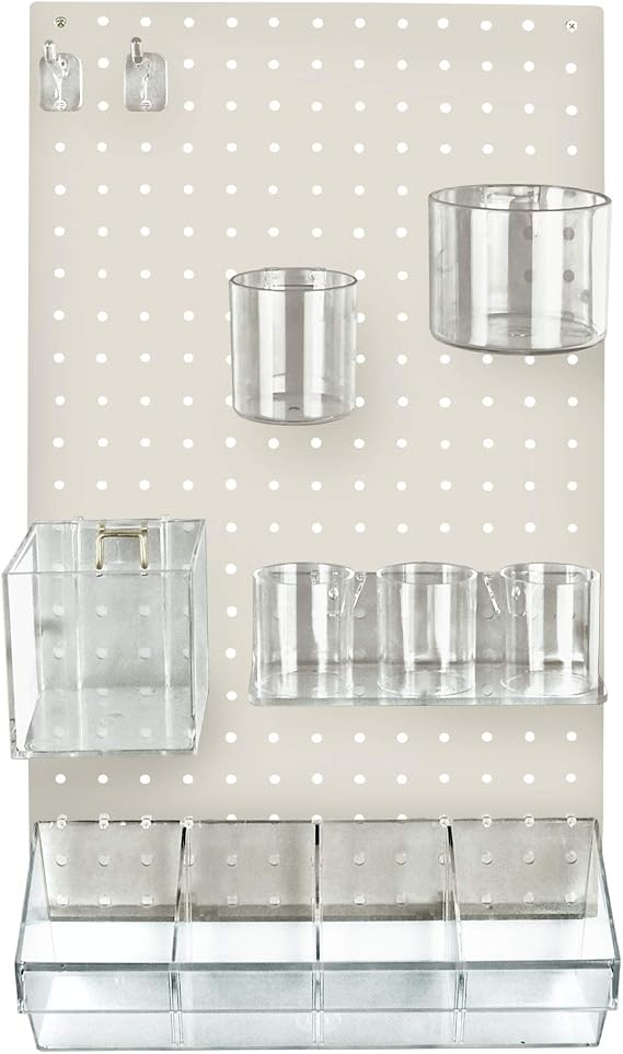 Azar Displays 900942-WHT The DIY Multi-Purpose 12-Piece Pegboard Wall Organizer Kit with One Panel and Accessory Assortment: Hooks Divider Bin Cylinder and Cups Hair Accessory Organizer. White