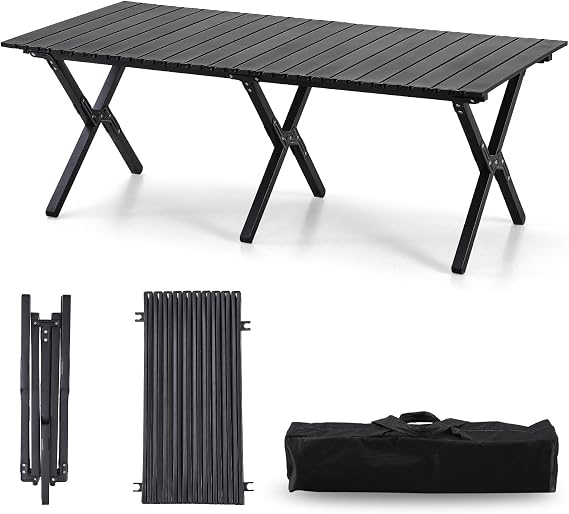 4Ft Aluminum Folding Camping Table, Portable Picnic Table, Outdoor Lightweight Collapsible Camp Table, Roll-up Camping Table for Beach,Party, Patio, BBQ, Travel, Backyard (Black Upgraded Version)