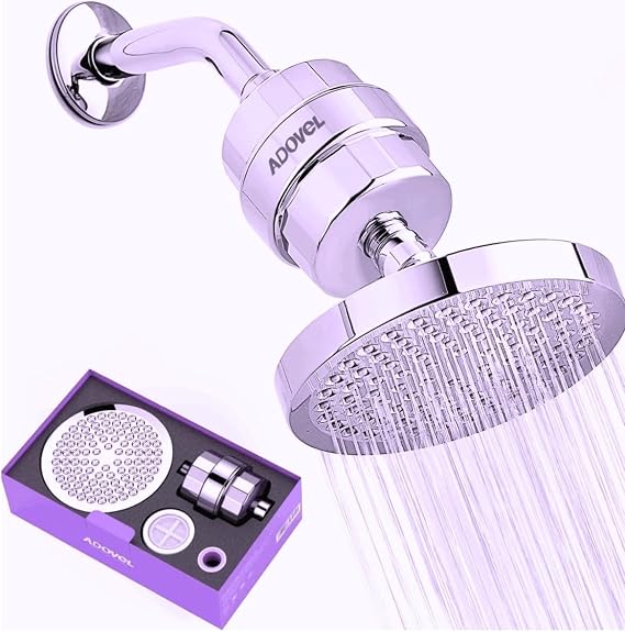 ADOVEL High Output Shower Head and Hard Water Filter, 15 Stage Shower Filter Removes Chlorine & Harmful Substances, Water Softener Showerhead for Bathroom, Rain Shower, 1 Replaceable Filter