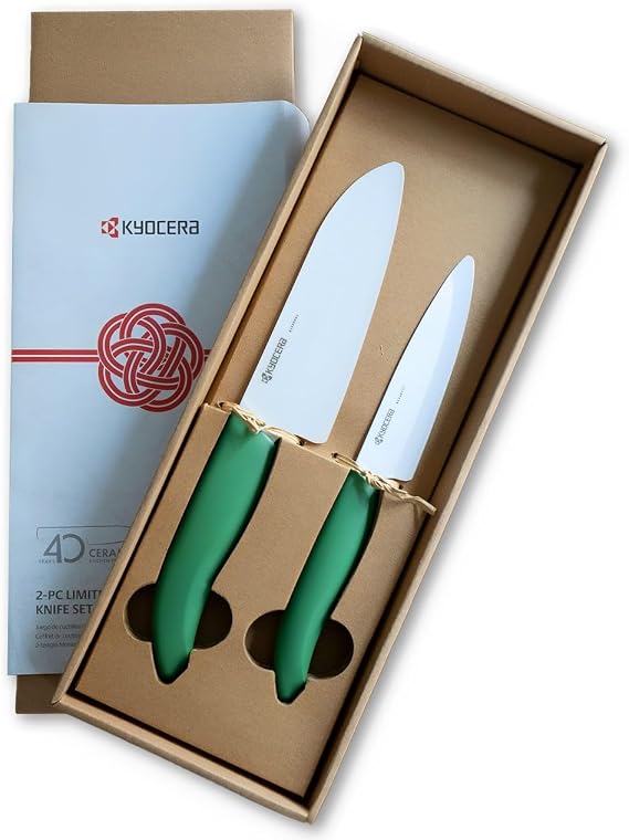 Kyocera Commemorative Ceramic 2-Piece Knife Set - Botanical Green 5.5" Santoku & 4.5" Utility