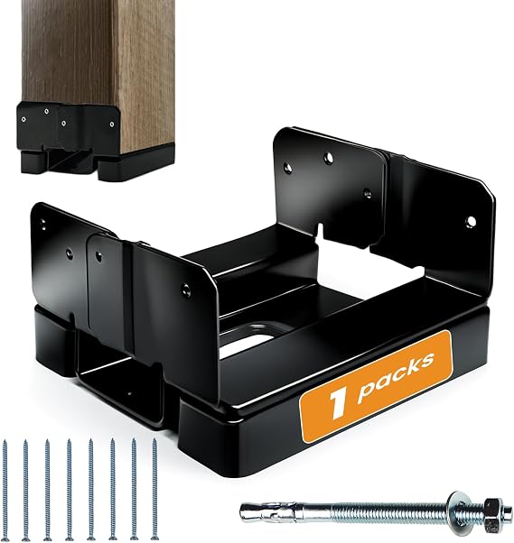 1PCS 6x6 Post Base for Concrete Heavy Duty Black E-Coated 6x6 Post Bracket Anchor Adjustable Base with 1" Standoff for Deck Pergola Patio Gazebo Porch (Included Screws)