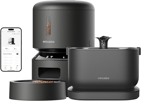 PETLIBRO 5L Wi-Fi Automatic Cat & Dog Feeder Low-Food Sensor, Freshness Preservation with APP + 2.5L Cordless Smart Cat Water Fountain with Battery Operated, Stainless Steel Tray, BPA-Free, Easy-Clean