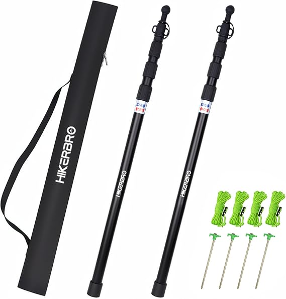 Adjustable 7.7ft Aluminum Tarp Poles Set of 2 Telescoping Camping Tent Pole | Lightweight Portable Support Rod with Protection Cap, for Camping, Awning, Sun Shades,Rain Fly, Free Guylines & Stakes