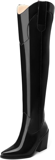 MOVINSTEPS Thigh High Boots for Women Over the Knee Boots Patent Chunky High Heel Pointed Toe Pull on Long Boots Elegant Classic Fashion Tall Boots 3.5 Inch