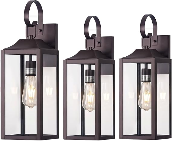 3 Pack Bronze Outdoor Wall Lantern, Outside Farmhouse Wall Sconce Light Fixture Oil-Rubbed Bronze, Industrial Wall Mount Light Waterproof, Modern Porch Lighting Exterior Lamp for House