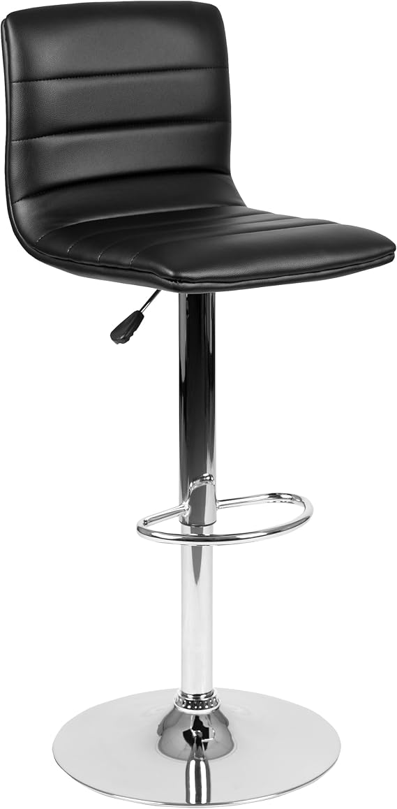 Flash Furniture Vincent Modern Adjustable Height Barstool with Footrest and Padded Mid-Back, Upholstered Vinyl Bar/Counter Height Stool, Black/Chrome