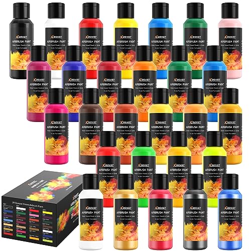 XDOVET 28 Colors Airbrush Paint Set 60 ml2 oz, Ready to Spray, Opaque & Neon Colors, Water-Based, Premium Acrylic Airbrush Paint Kit for Beginners, Hobbyist and Artists