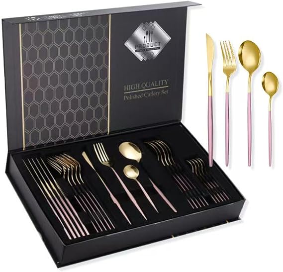 24 PCS 18/10 Stainless Steel Flatware Set, 6 X Dinner Forks, 6 X Dinner Knives, 6 X Dinner Spoons, 6 X Tea Spoons Service for 6, Dishwasher Safe(Size:B,Color:Rose Gold)