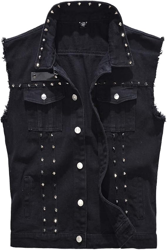 Cekaso Men's Denim Vest Punk Sleeveless Jean Jacket Rocker Studded Vests