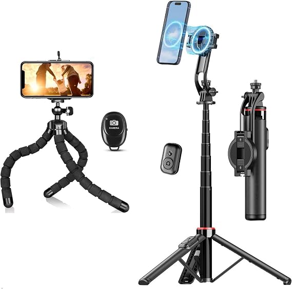 Phone Tripod Mini Flexible Stand Bundle with 51" Magnetic Selfie Stick Tripod for iPhone Android Camera Video Recording