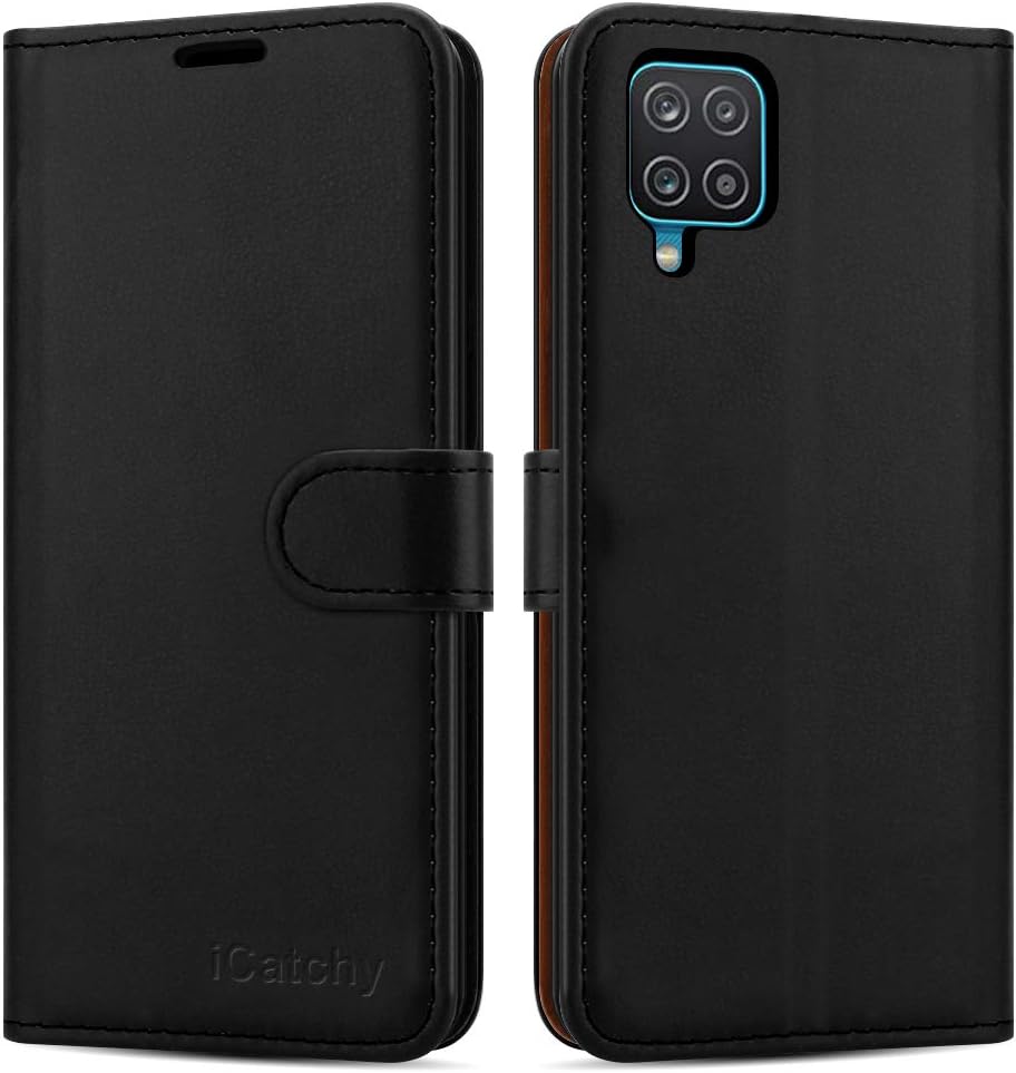 iCatchy For Samsung Galaxy A12 Case Leather Wallet Book Flip Folio Stand View Cover with Card Slots Compatible with Galaxy A12 5G 6.5'' Black