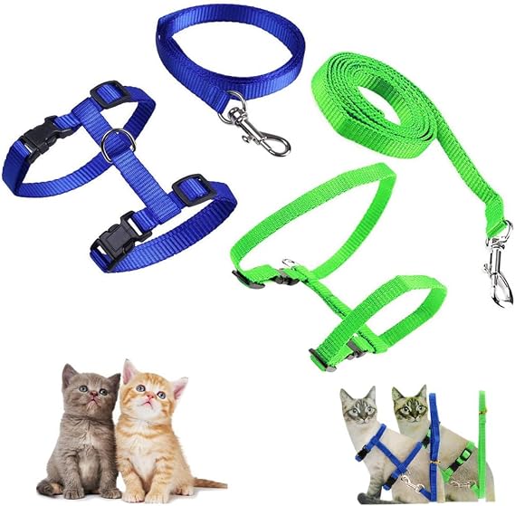 2 Pack Cat Harness and Leash, Adjustable Comfortable Nylon Pet Strap Collar with Leash, Escape Proof Safety Rope Leads Chest Strap for Kitten Puppy Rabbits Walking Training (Blue & Green)