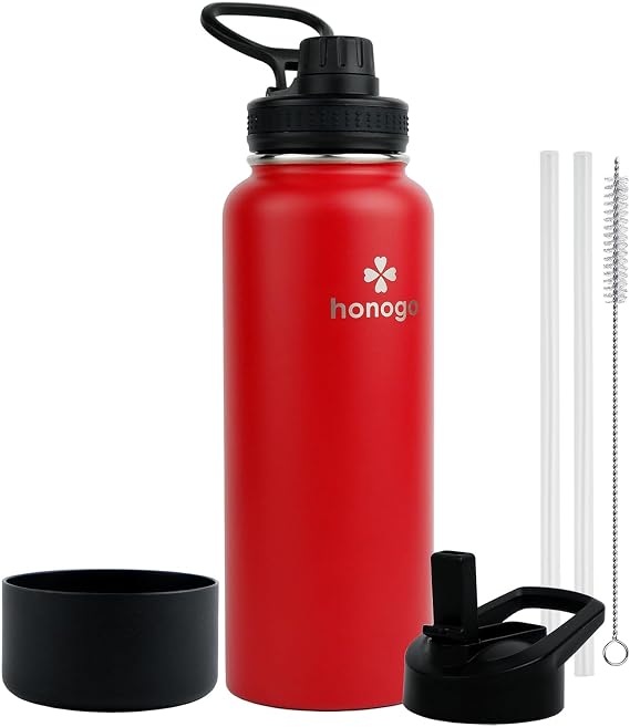 40 oz Double Wall Insulated Sports Water Bottle for Men, Women & Kids, 18/8 Stainless Steel Wide Mouth Thermal Flask with Straw Lid & Spout Lid, Leak Proof, Keep Hot and Cold (Red, 40 oz)