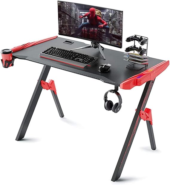Bestier Gaming Desk with LED Lights,Gaming Desk Computer Desk Cup Holder,Headset Hook with Robust Metal and Wood Computer Desk for Gaming and Office,Red-L 110CM