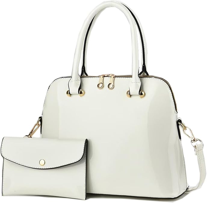 Patent Leather Handbags Shiny Shoulder Bag Elegant Top-handle Purse Come with MINI Clutch for Women