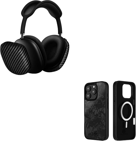 MONOCARBON Real Carbon Fiber Case for Airpods Max + Real Forged Carbon Fiber Case for iPhone 16 Pro