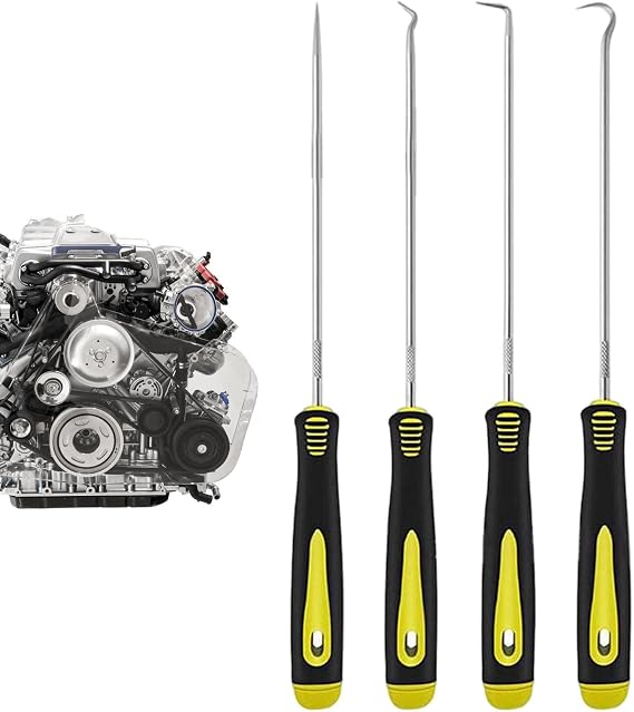 Pick & Hook Set - 4 Piece Gasket Pick Tool | Tire Repair Supplies Full / 45 Degree / 90 Degree / Ergonomic Handle for Removing Straight Hooks and Cotter Pins, Car Springs Falbiro