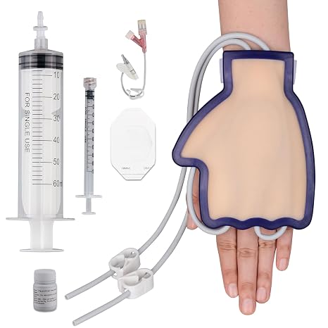 SimCoach IV Practice Kit with Needles, Wearable Dorsal Hand Trainer | Silicone Skin, Simulated Flashback and Catheter Insertion, Venous Access, Nursing Skills Labs