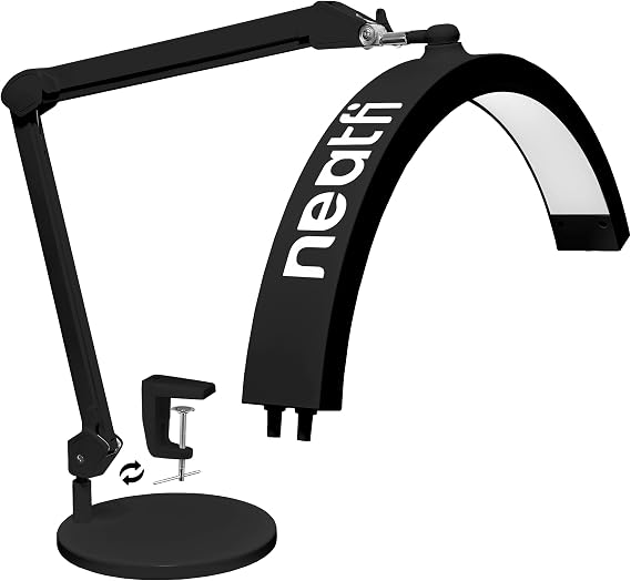 Neatfi Half Moon LED Table Lamp for Estheticians 2,500 Lumens | CCT Dimming, 5 Light Modes | Professional Task Lamp for Nail Art, Facials, Threading & Tattoos (Black, CCT with Base and Clamp)