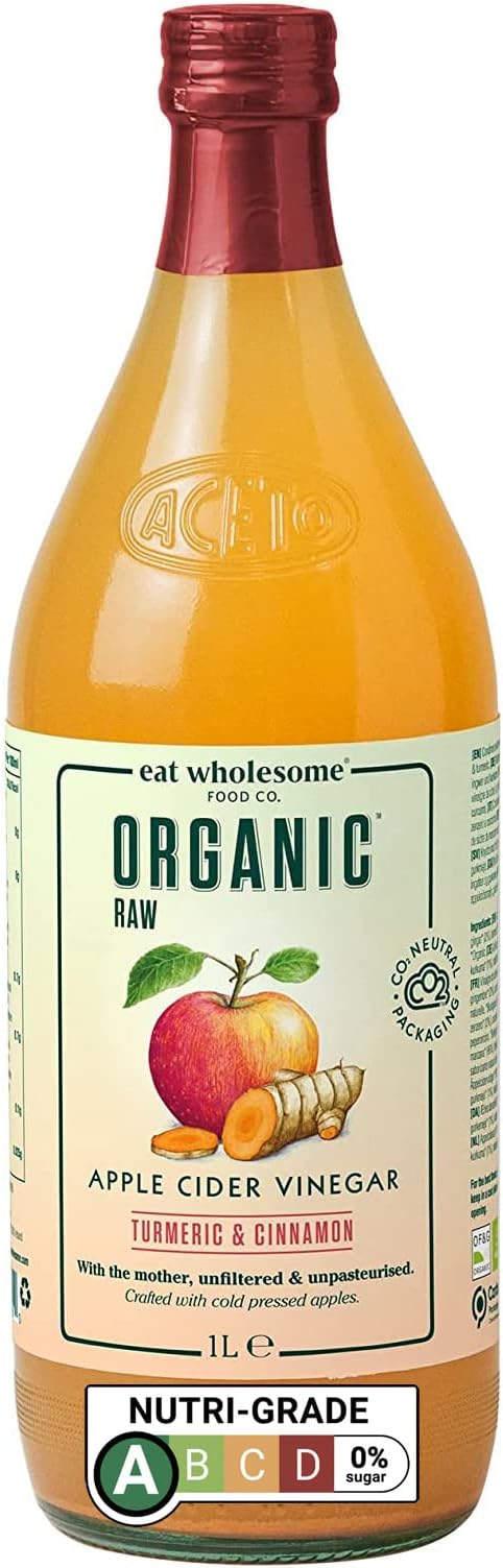 Eat Wholesome Organic Apple Cider Vinegar Turmeric & Cinnamon, 1L - Raw, Unpasteurised, Unfiltered, With The Mother, Vegan, Glass Bottle