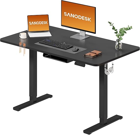 SANODESK Electric Standing Desk 110 * 54 One Piece Height Adjustable Desk With Memory Smart Panel Sit Stand Table With Hooks for Home Office, Black