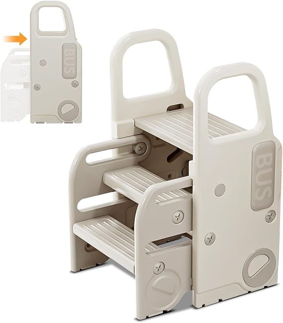 UNICOO 2-in-1 Toddler Step Stool, Space-Saving Kids Step Stool with 2-Step and 3-Step Modes, Anti-Slip Bathroom Sink Stool for Toilet Training, Potty, Bedroom and Kitchen (Gray & White)